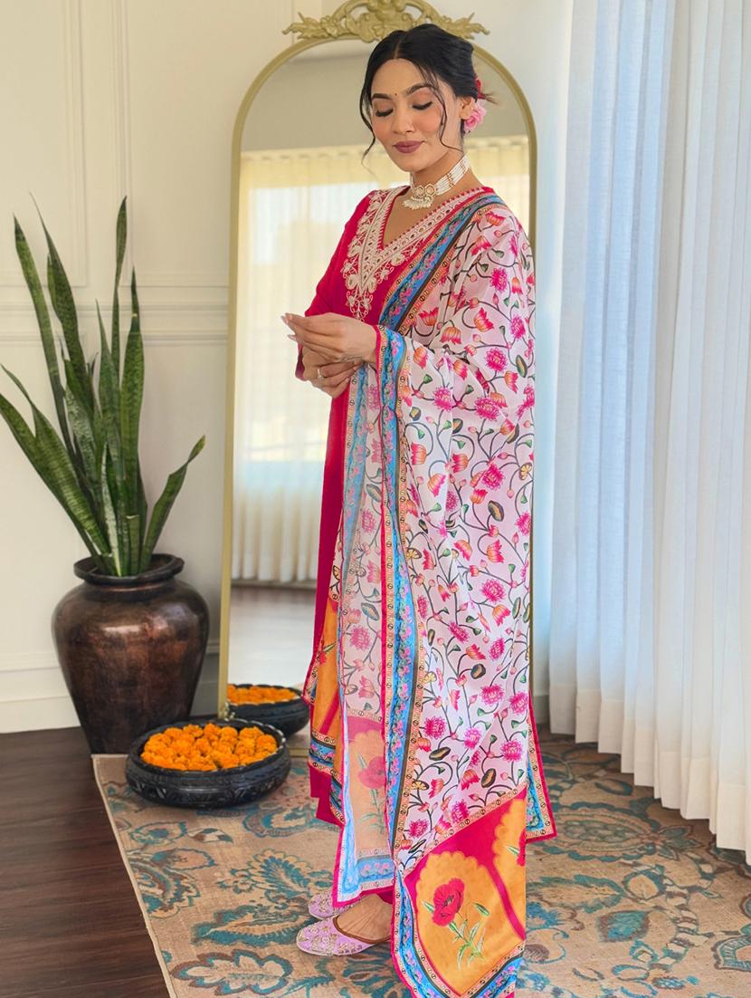 women embroidered three quarter sleeve kurta pant with dupatta set - 22024877 - Standard Image - 3