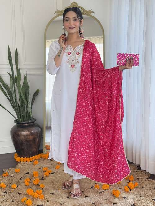 women embroidered three quarter sleeve kurta pant with dupatta set - 22024880 - Standard Image - 0