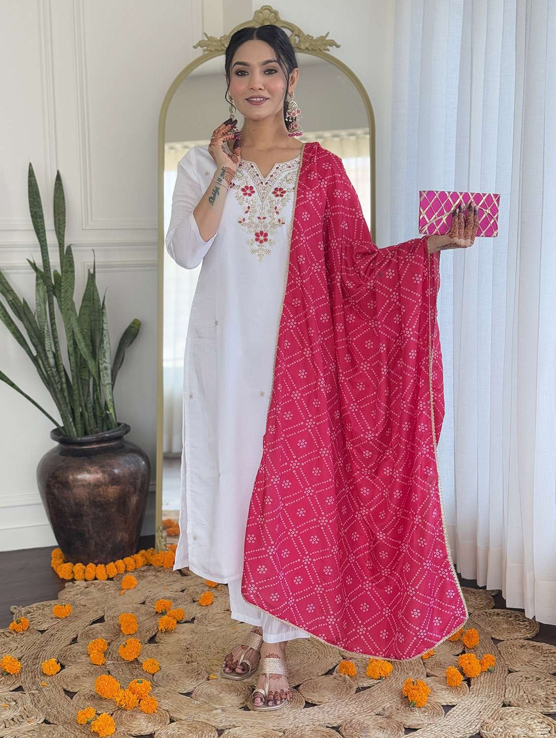 women embroidered three quarter sleeve kurta pant with dupatta set - 22024880 - Zoom Image - 0