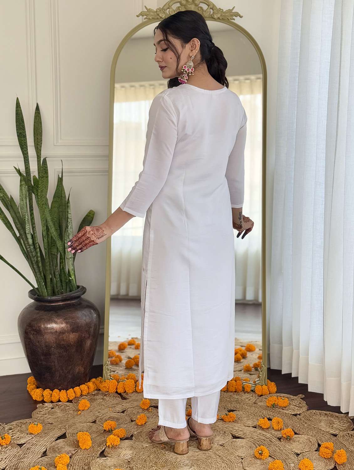 women embroidered three quarter sleeve kurta pant with dupatta set - 22024880 - Standard Image - 3