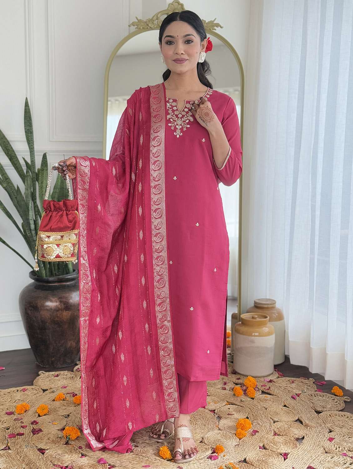 women embroidered three quarter sleeve kurta pant with dupatta set - 22024882 - Zoom Image - 0