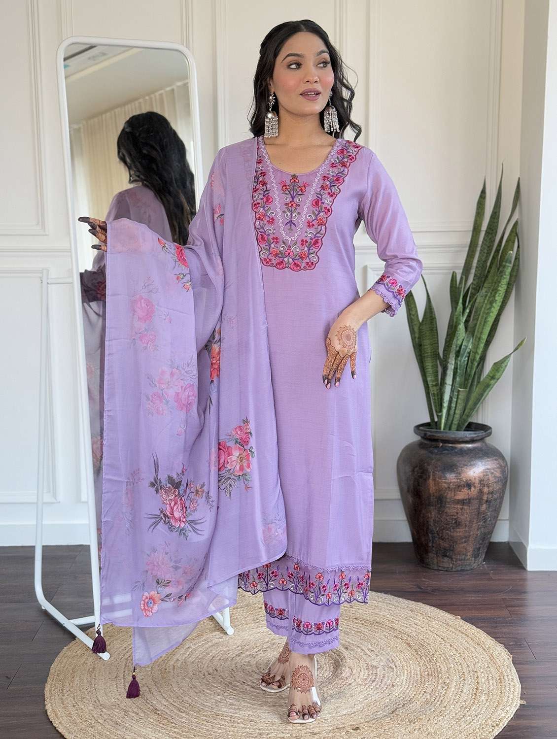 women embroidered three quarter sleeve kurta pant with dupatta set