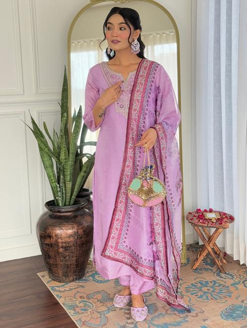 women embroidered three quarter sleeve kurta pant with dupatta set - 22024887 -  Standard Image - 0