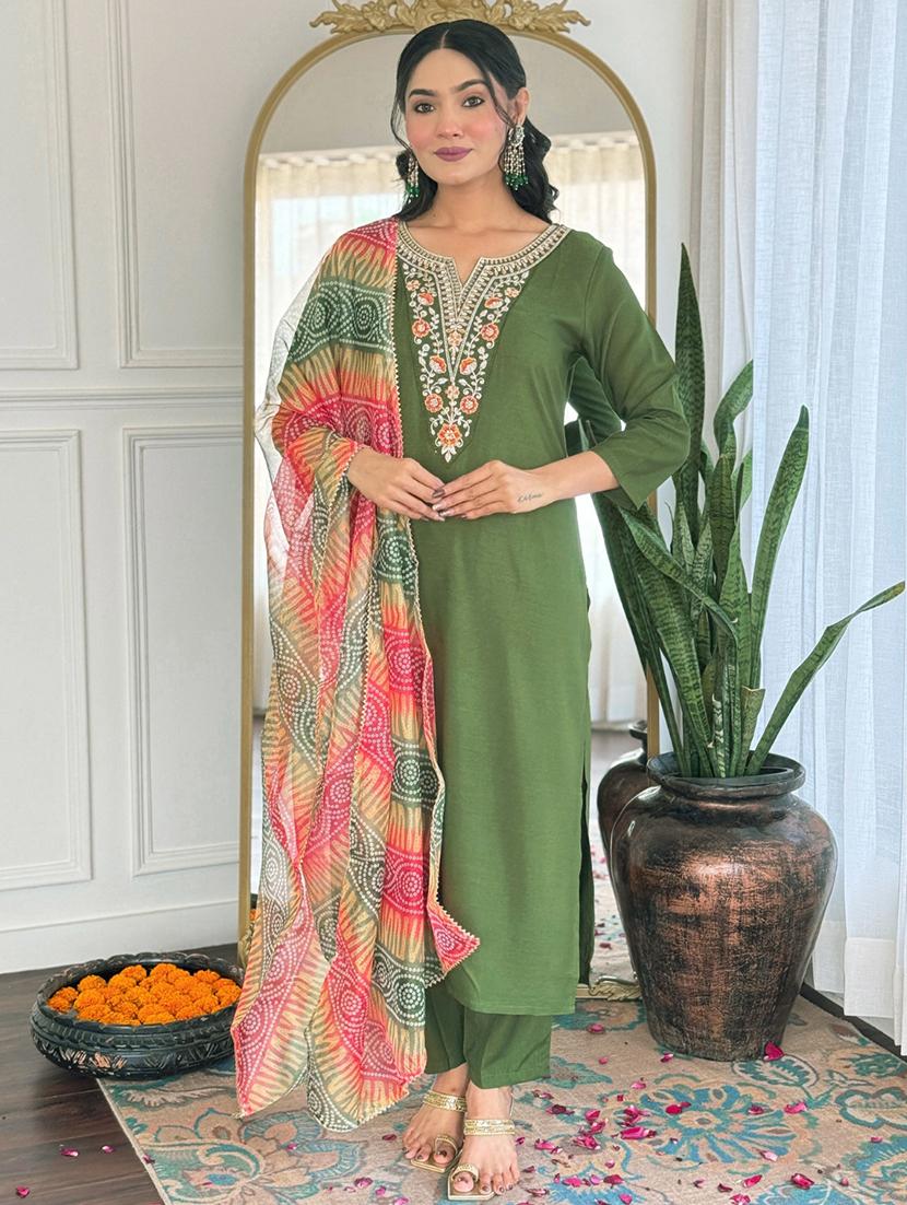 women embroidered three quarter sleeve kurta pant with dupatta set - 22024889 -  Zoom Image - 0