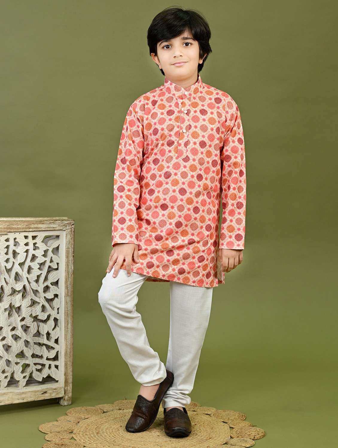 boys printed mandarin collar kurta pyjama set - 22025966 -  Zoom Image - 0