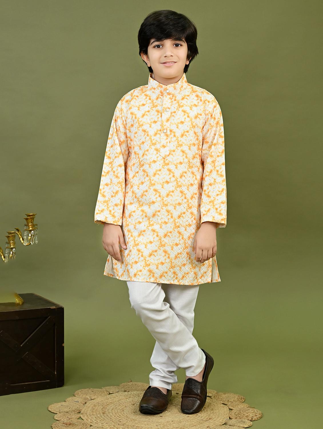 boys printed mandarin collar kurta pyjama set