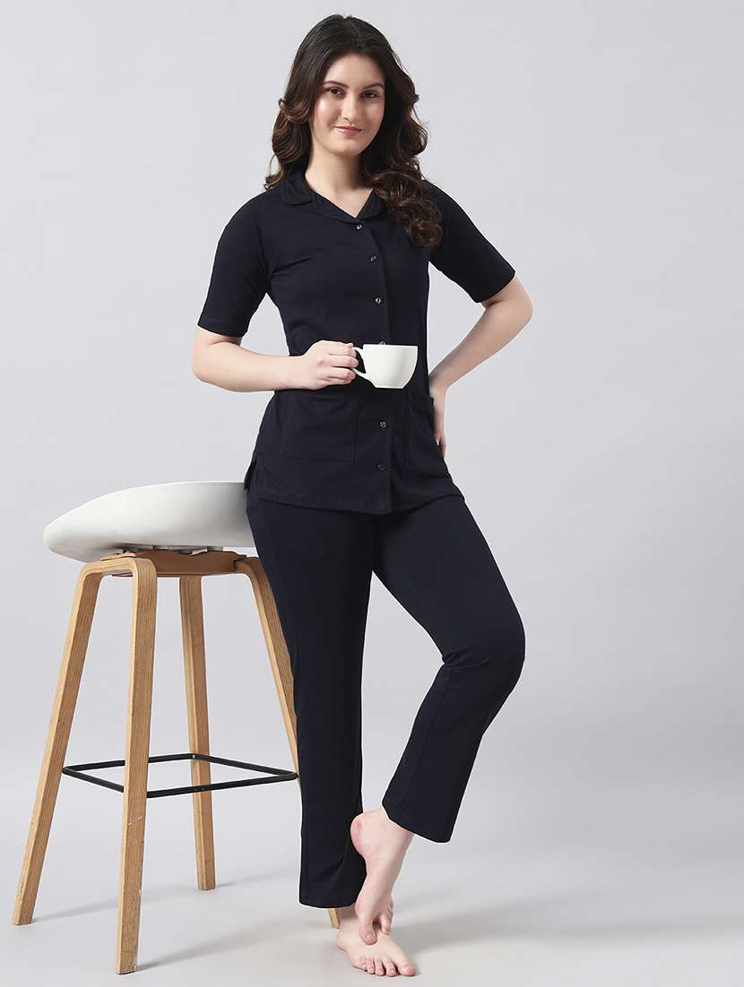 women solid short sleeve nightwear pyjama set