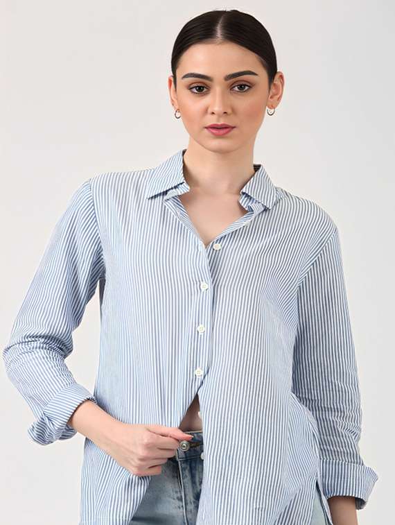 women striped collared long sleeve shirt