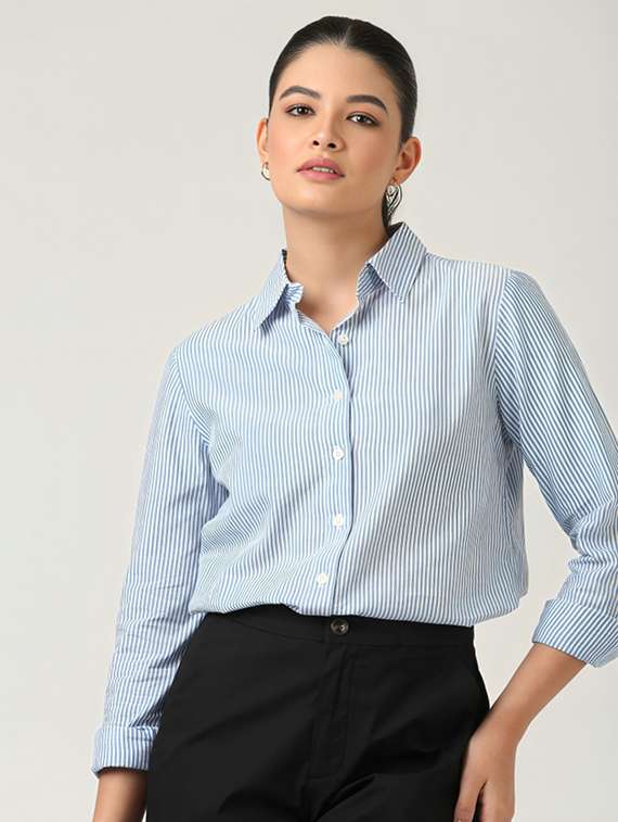 women striped collared long sleeve shirt