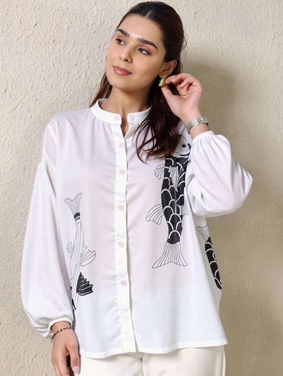 women printed mandarin collar long sleeve shirt