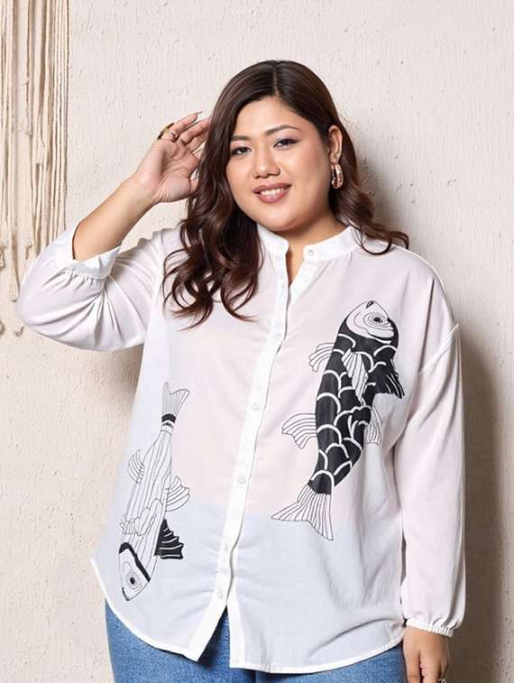 women printed mandarin collar long sleeve shirt