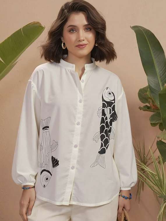 women printed mandarin collar long sleeve shirt