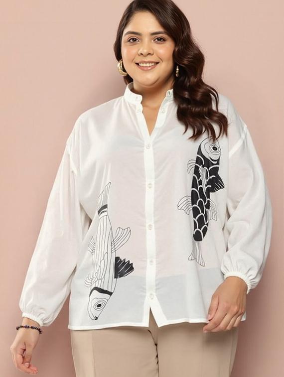 women printed mandarin collar long sleeve shirt