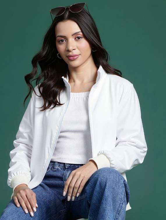 women solid long sleeve windcheater jacket