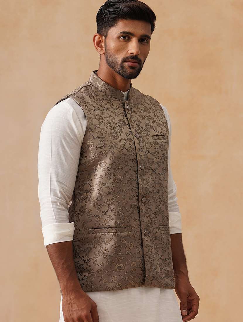 men self design mandarin neck regualr fit nehru jacket - 22026230 -  Standard Image - 3
