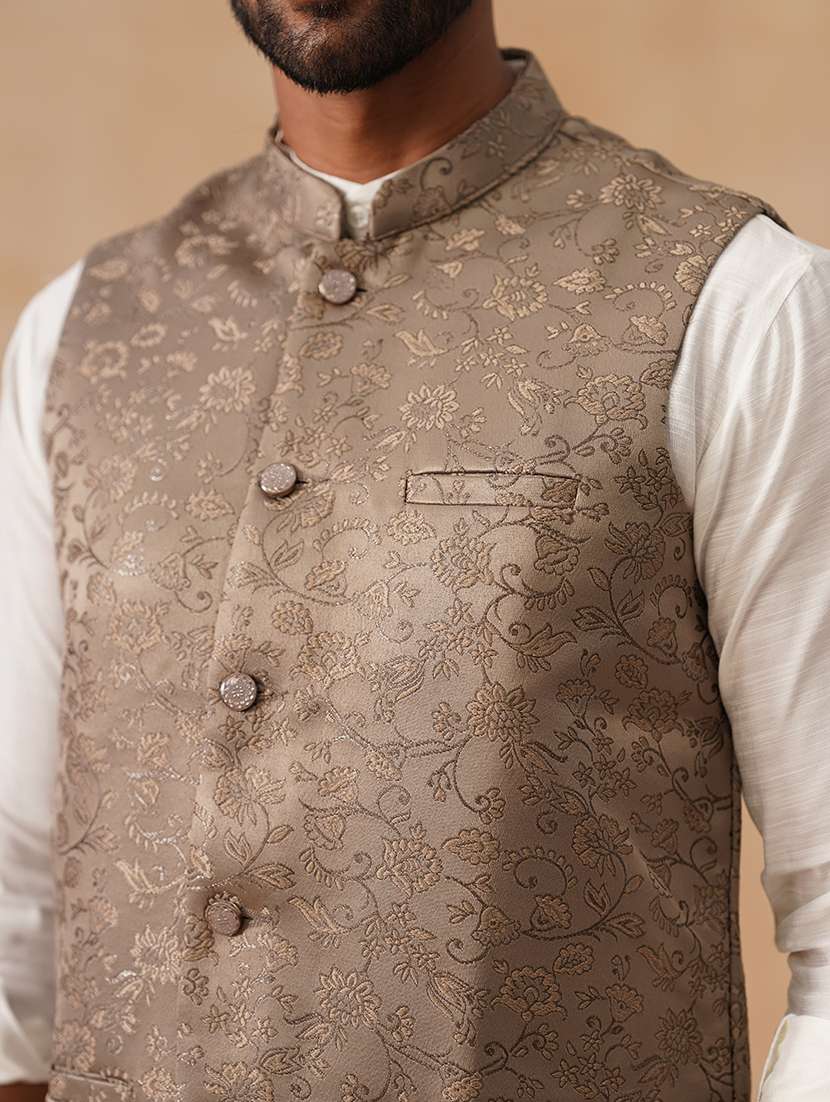 men self design mandarin neck regualr fit nehru jacket - 22026230 -  Standard Image - 5