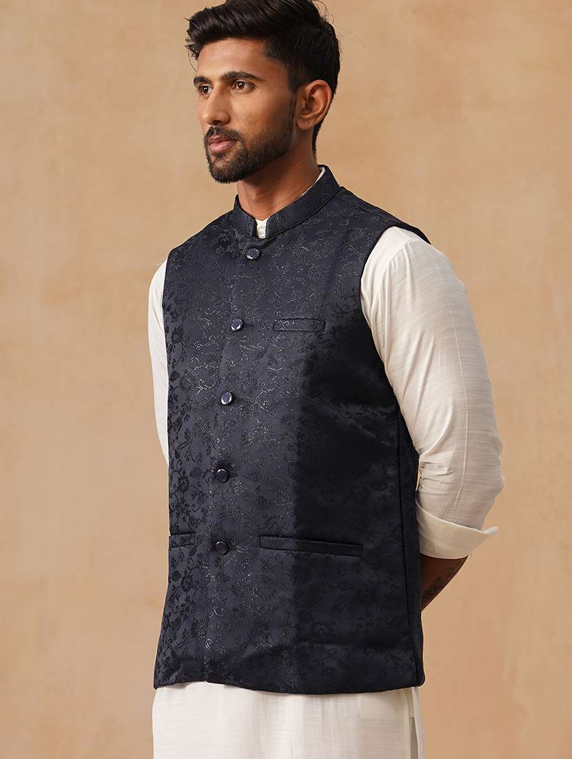 men self design mandarin neck regualr fit nehru jacket - 22026231 -  Standard Image - 3