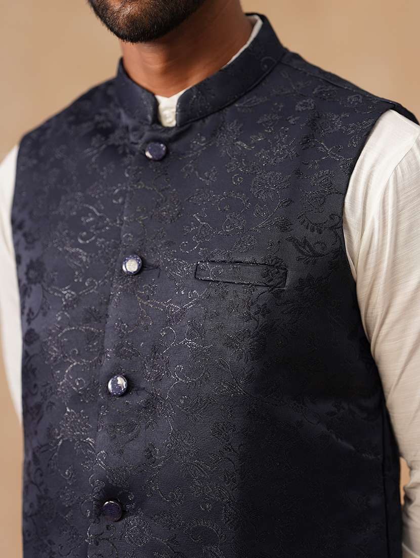 men self design mandarin neck regualr fit nehru jacket - 22026231 -  Standard Image - 5
