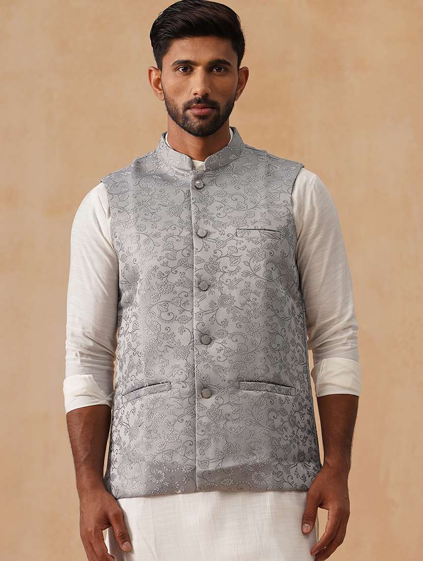 men self design mandarin neck regualr fit nehru jacket - 22026232 -  Standard Image - 3