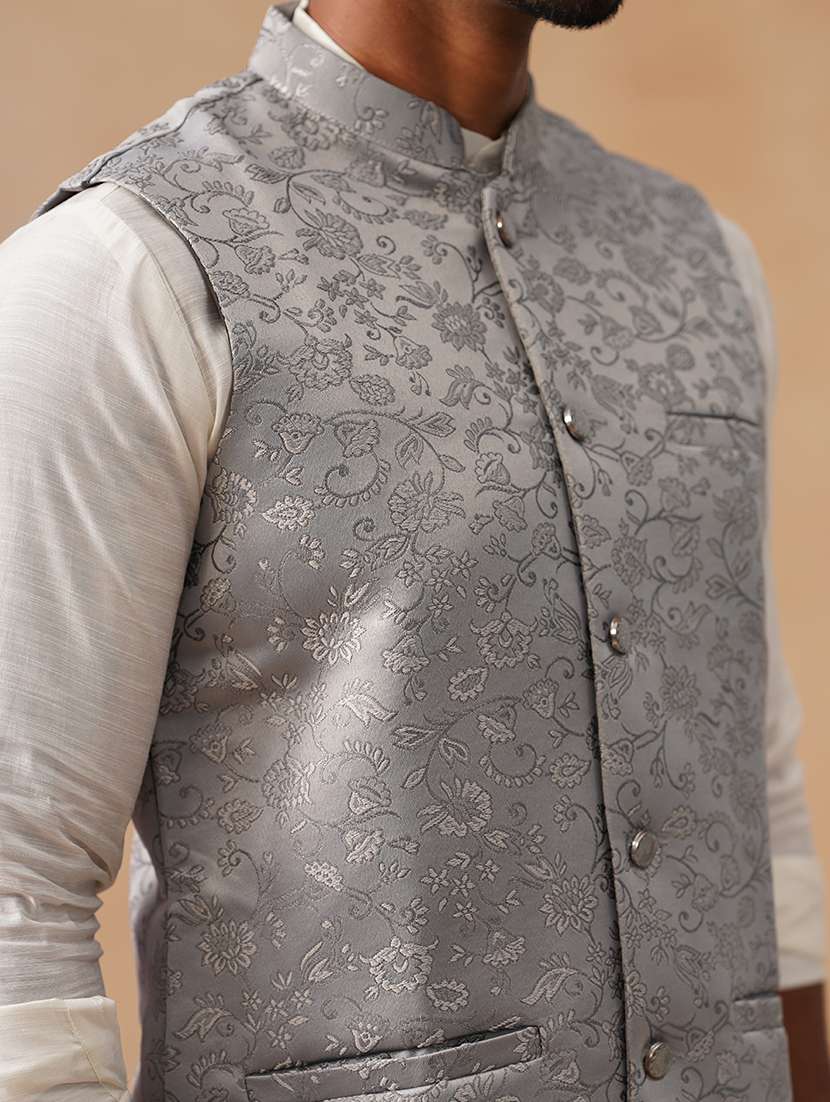 men self design mandarin neck regualr fit nehru jacket - 22026232 -  Standard Image - 5
