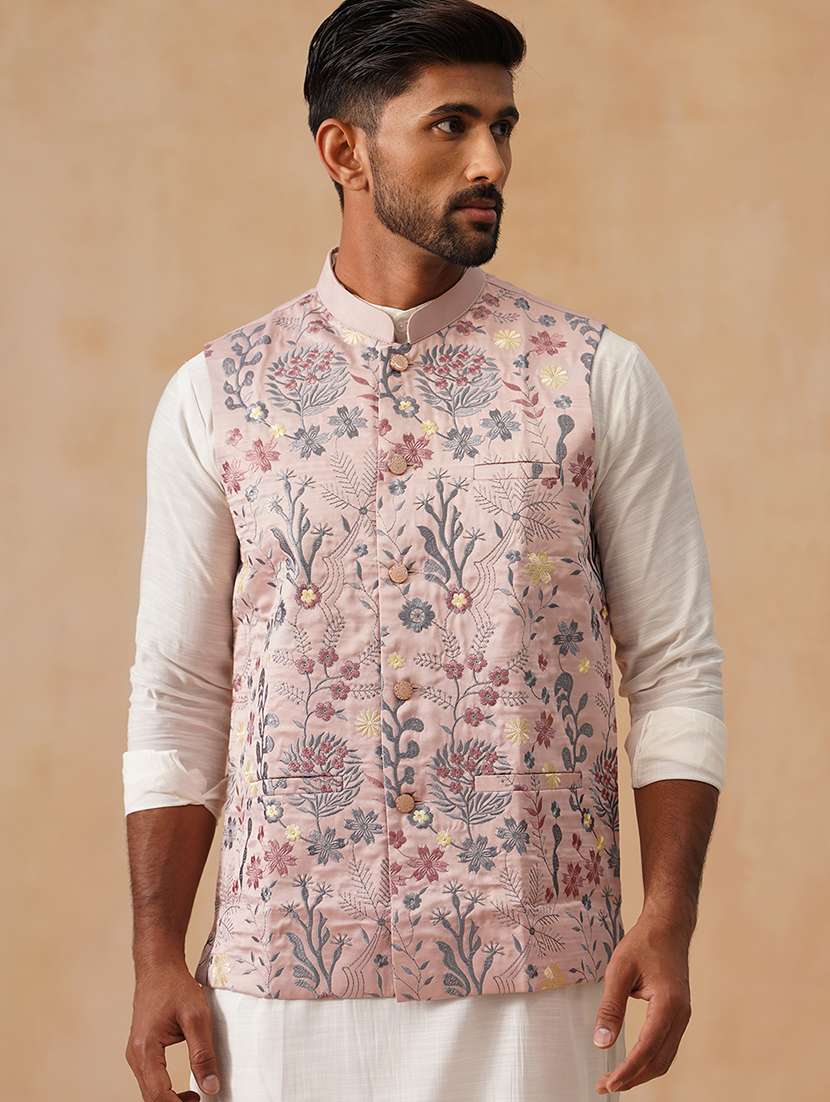 men floral mandarin neck regualr fit nehru jacket - 22026234 -  Standard Image - 3