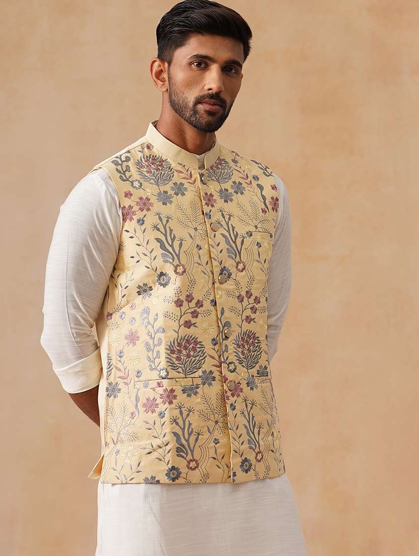 men floral mandarin neck regualr fit nehru jacket - 22026235 -  Standard Image - 3