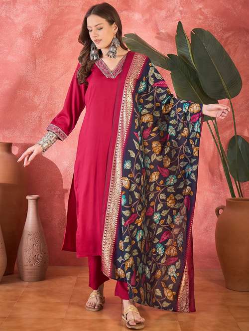 women solid three quarter sleeve kurta pant with dupatta set - 22026237 -  Standard Image - 0