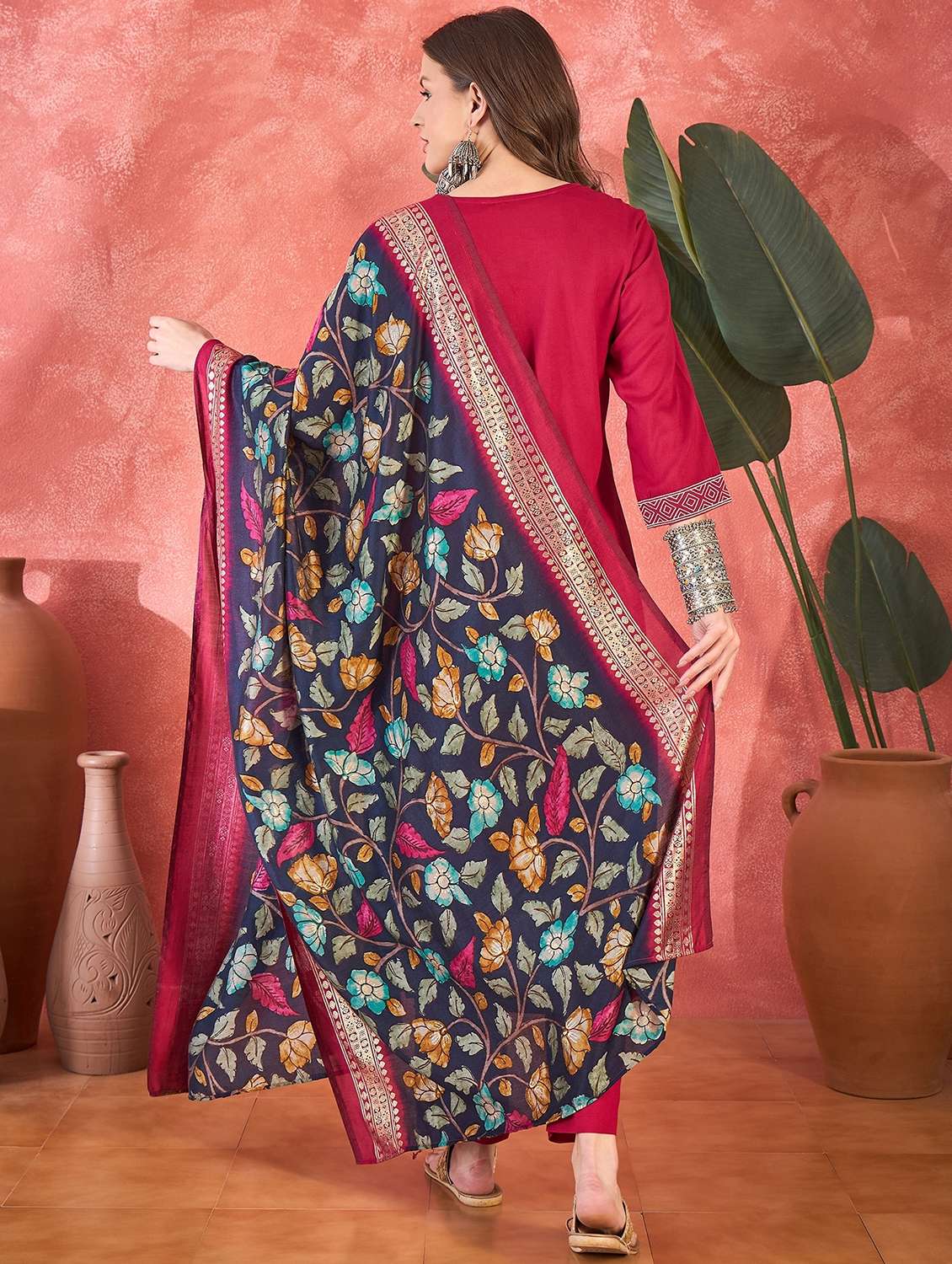 women solid three quarter sleeve kurta pant with dupatta set - 22026237 - Standard Image - 3