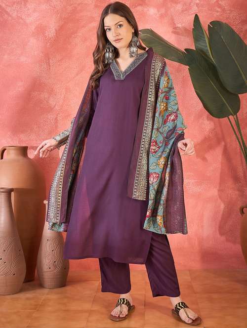 women solid three quarter sleeve kurta pant with dupatta set - 22026238 -  Standard Image - 0