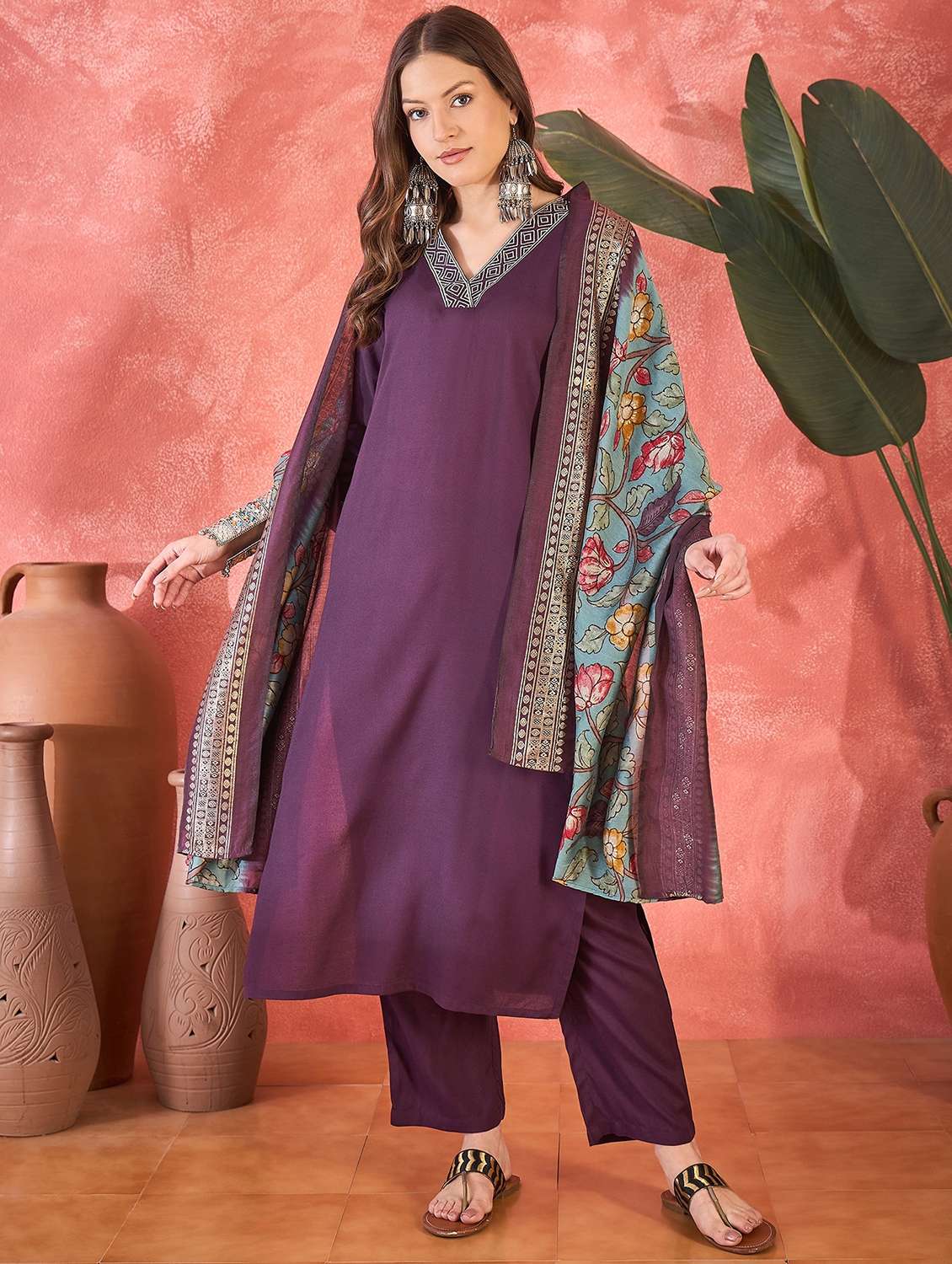 women solid three quarter sleeve kurta pant with dupatta set - 22026238 -  Zoom Image - 0
