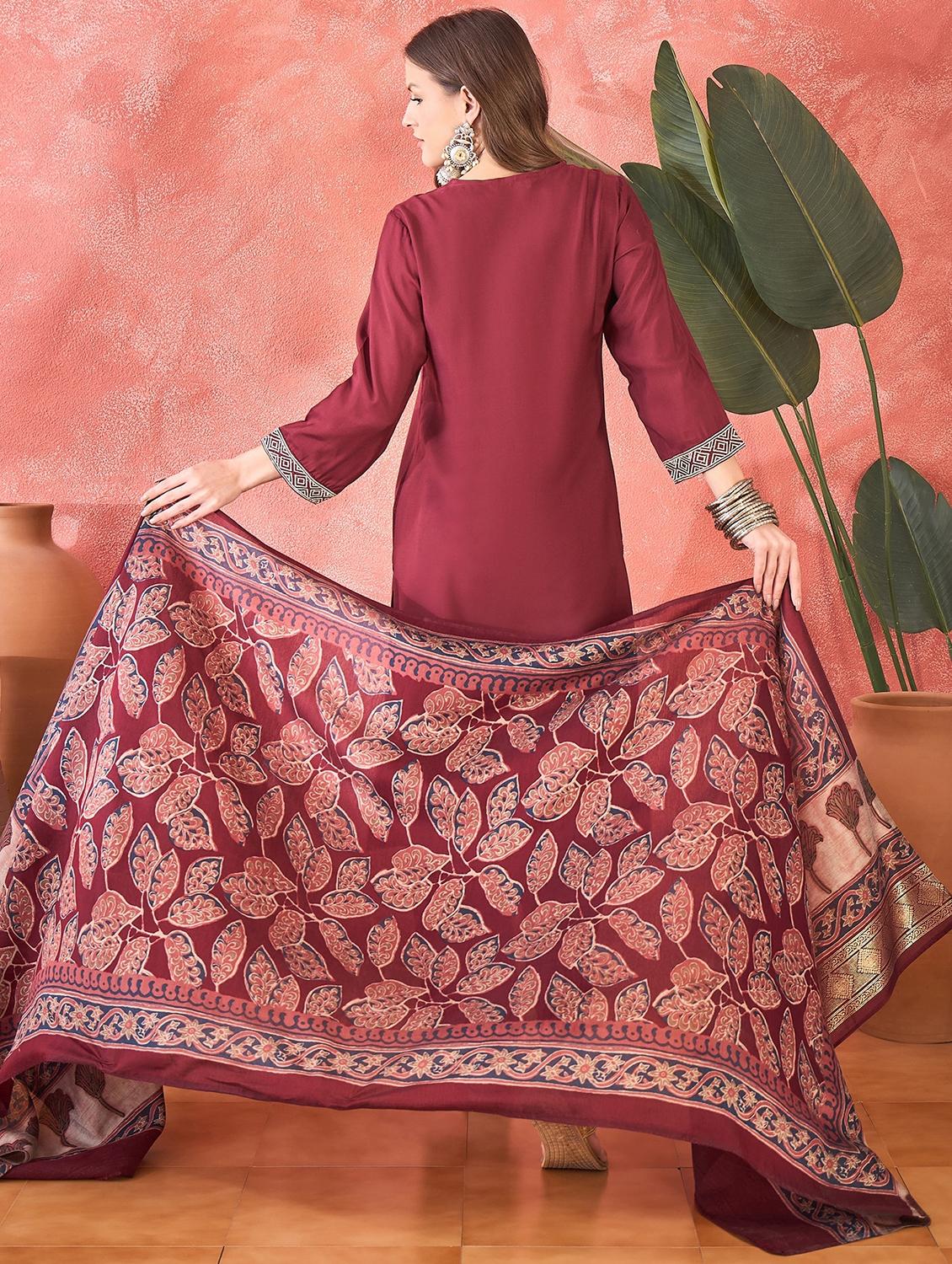 women solid three quarter sleeve kurta pant with dupatta set - 22026239 - Standard Image - 3