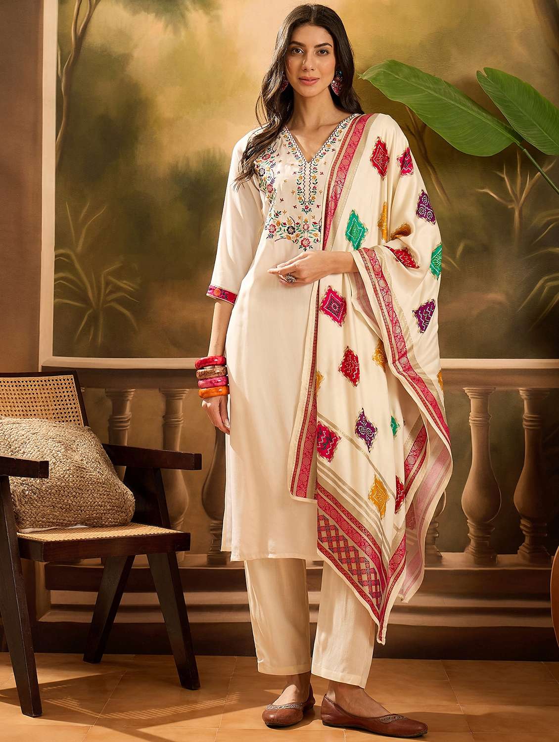 women printed three quarter sleeve kurta pant with dupatta set - 22026245 - Zoom Image - 0
