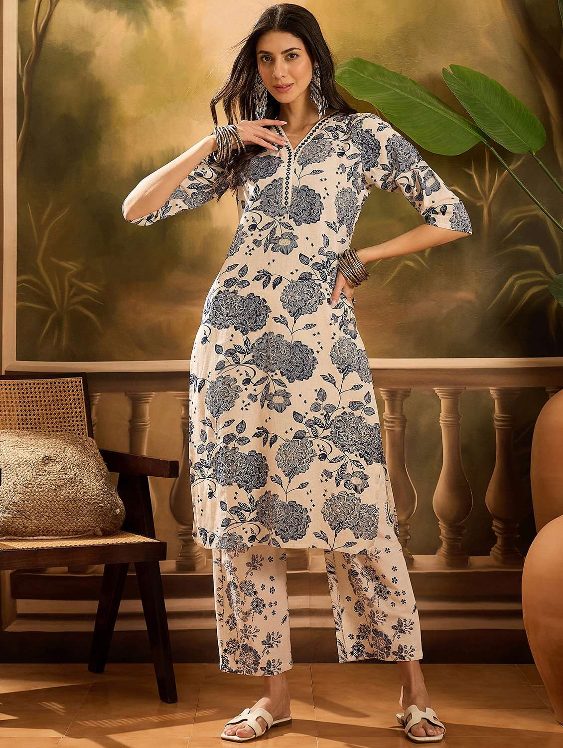 women floral printed three quarter sleeve kurta pant set
