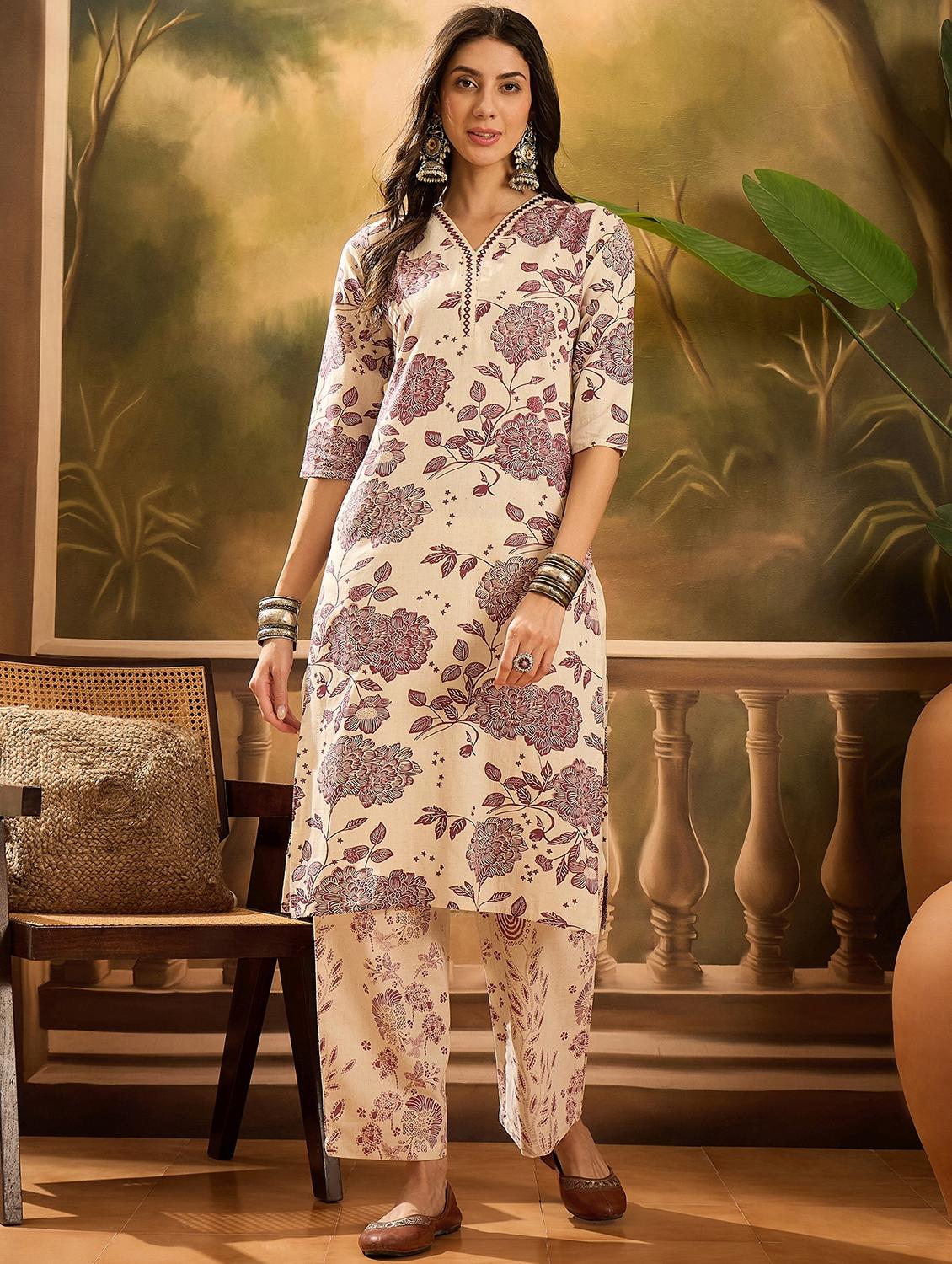 women floral printed three quarter sleeve kurta pant set - 22026251 -  Zoom Image - 0