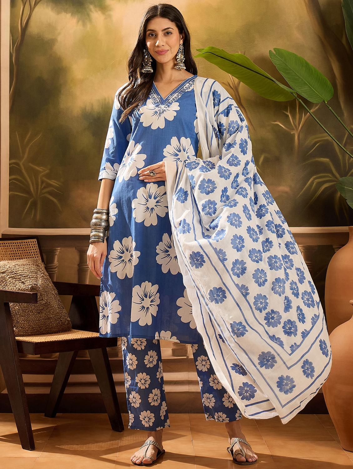women floral printed three quarter sleeve kurta pant with dupatta set - 22026255 -  Zoom Image - 0