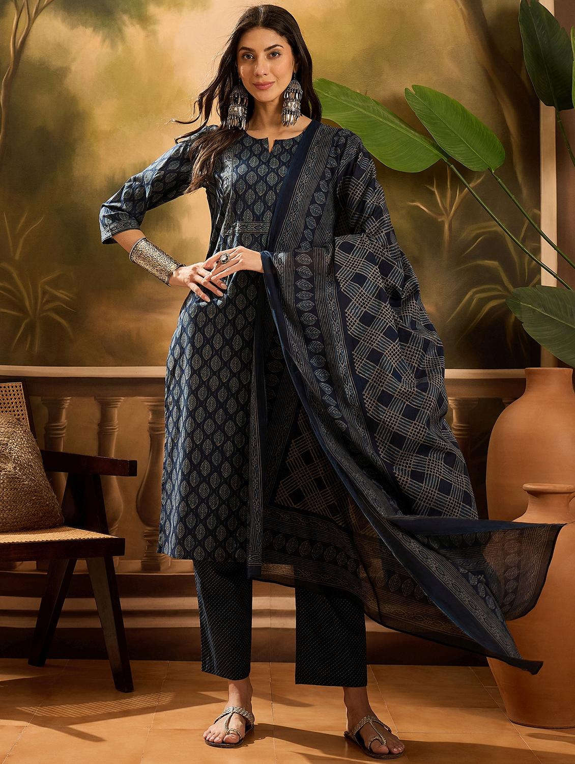 women printed three quarter sleeve kurta pant with dupatta set - 22026261 - Zoom Image - 0