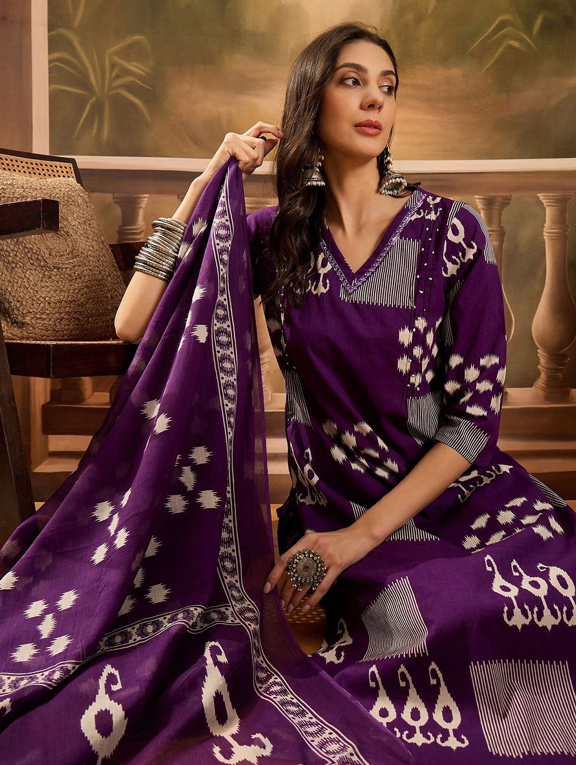 women printed three quarter sleeve kurta pant with dupatta set - 22026263 - Standard Image - 3
