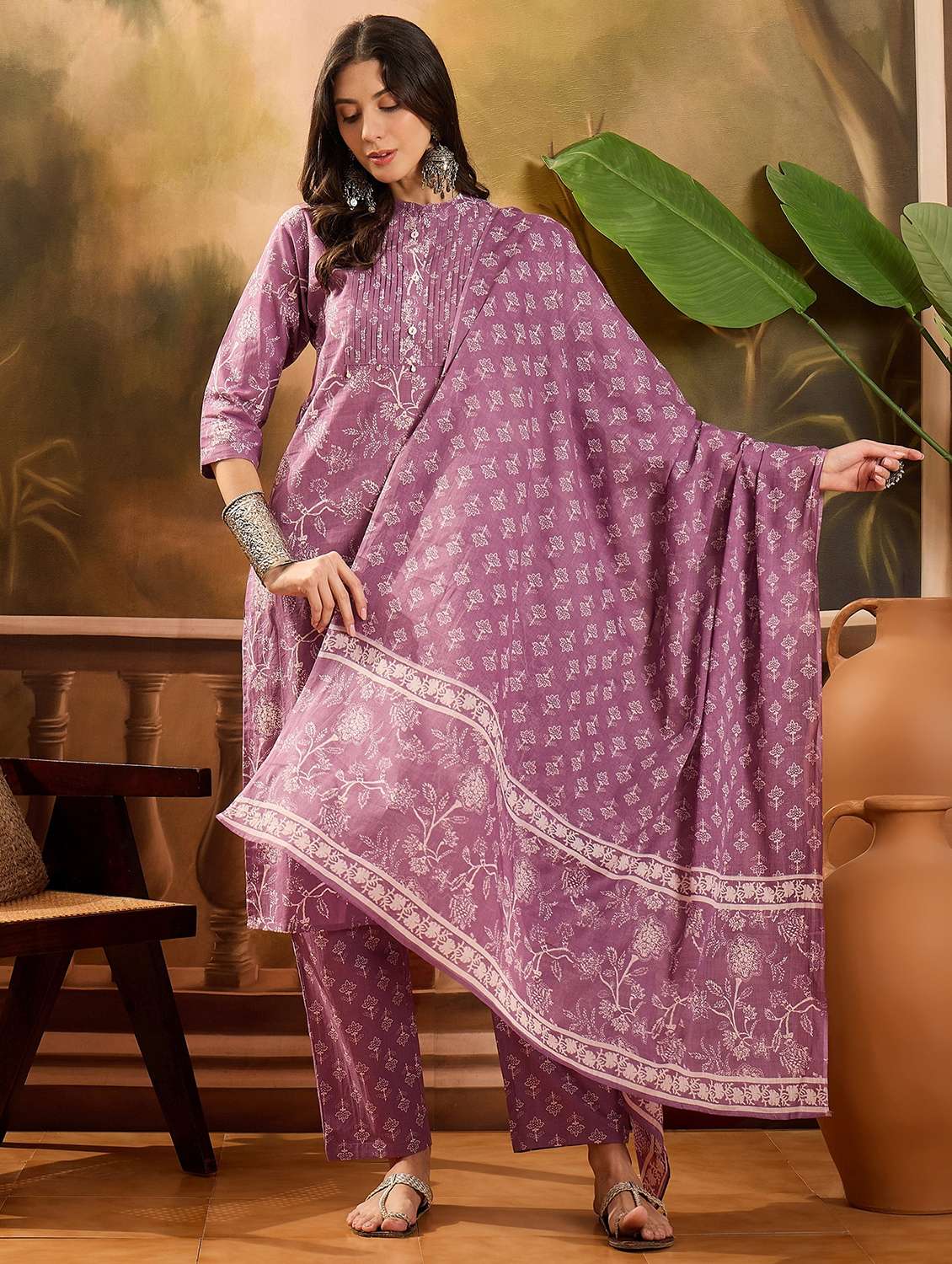 women printed three quarter sleeve kurta pant with dupatta set - 22026266 -  Zoom Image - 0