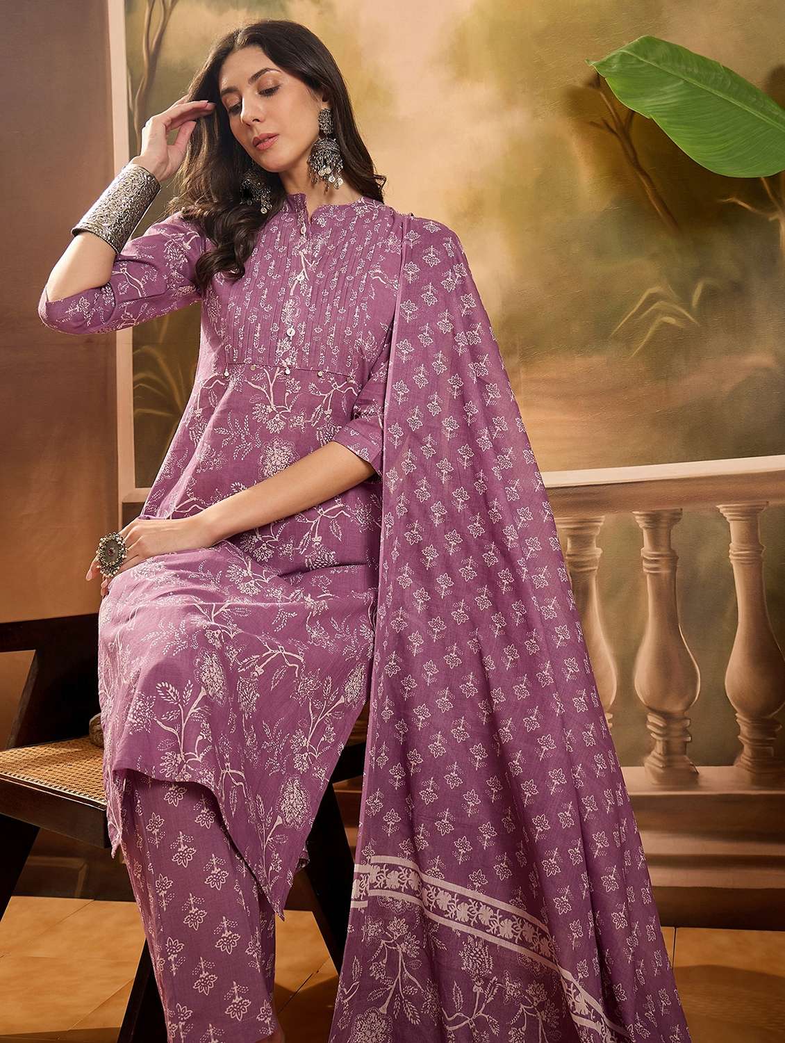 women printed three quarter sleeve kurta pant with dupatta set - 22026266 - Standard Image - 3
