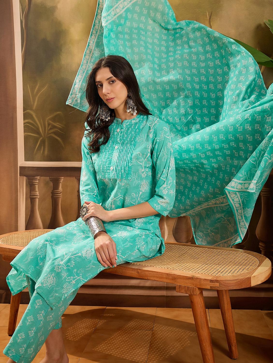 women printed three quarter sleeve kurta pant with dupatta set - 22026267 - Standard Image - 3