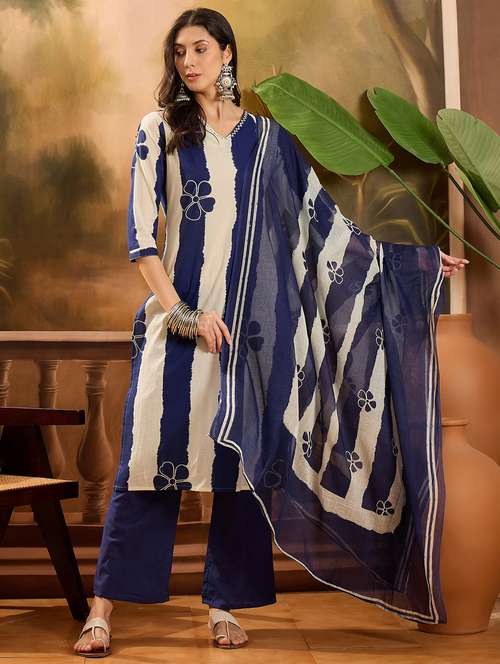 women striped three quarter sleeve kurta pant with dupatta set - 22026270 -  Standard Image - 0