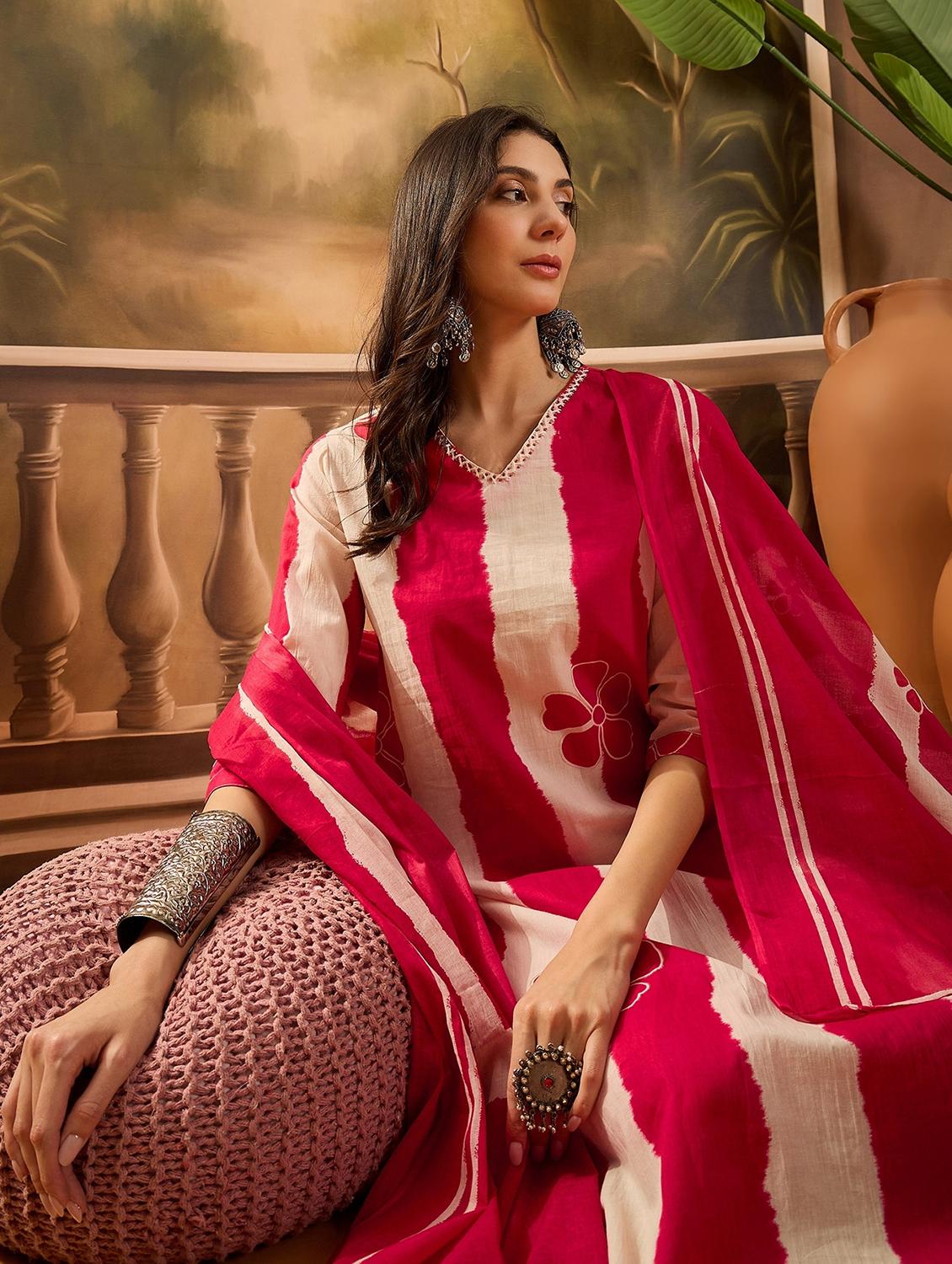 women striped three quarter sleeve kurta pant with dupatta set - 22026272 - Standard Image - 3