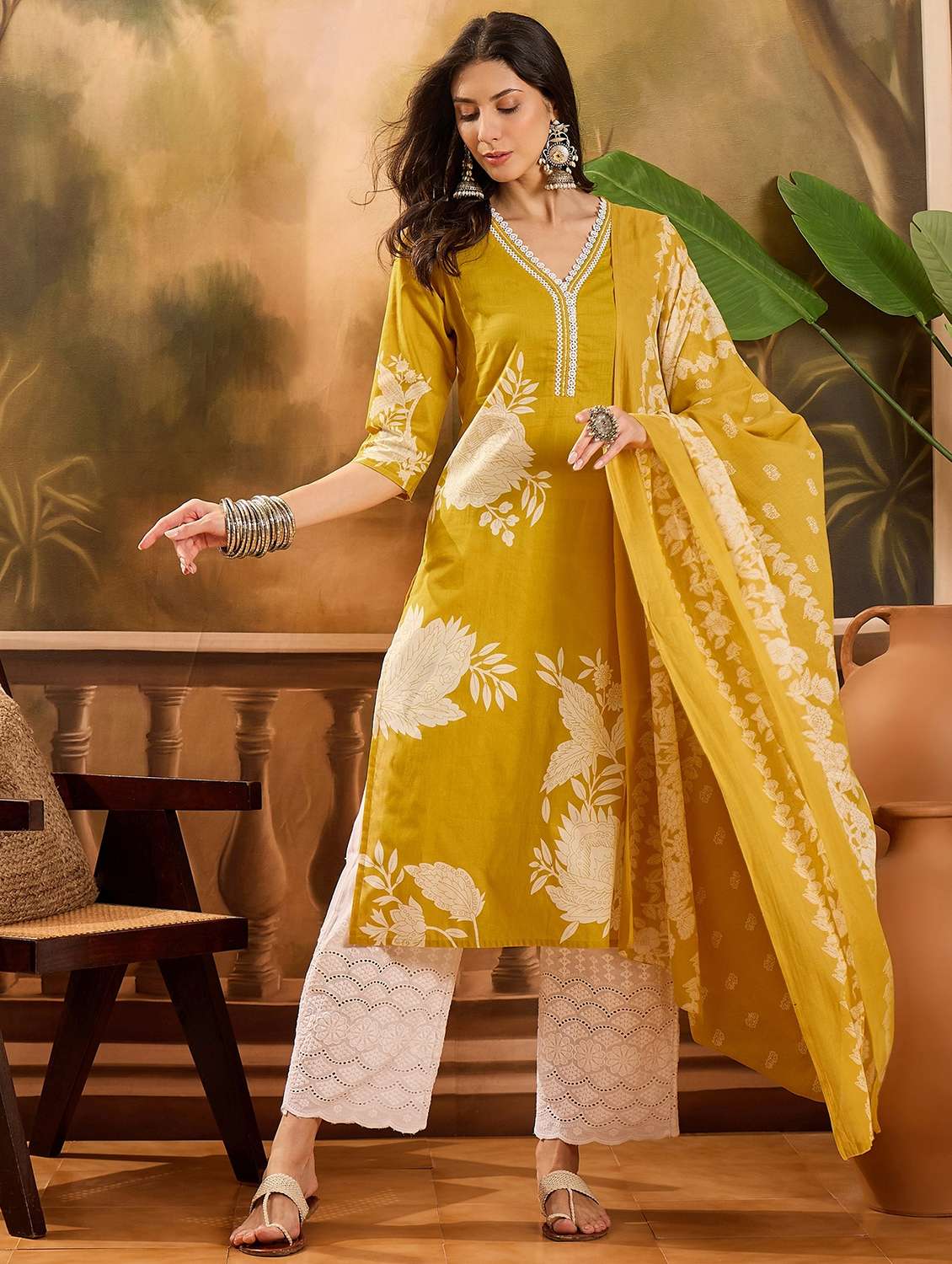 women floral printed three quarter sleeve kurta pant with dupatta set - 22026273 - Zoom Image - 0
