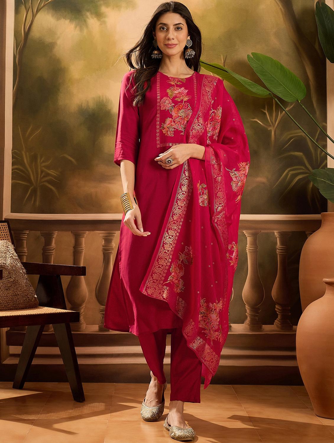 women floral printed three quarter sleeve kurta pant with dupatta set - 22026276 - Zoom Image - 0