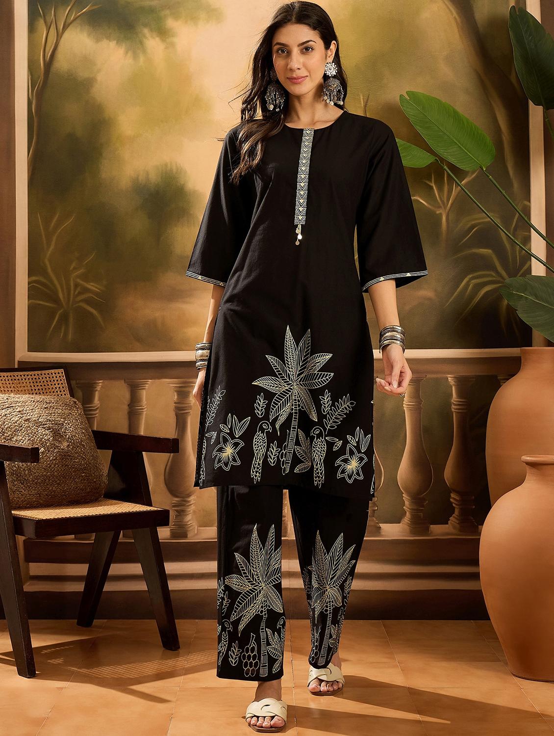 women printed three quarter sleeve kurta pant set - 22026279 - Zoom Image - 0