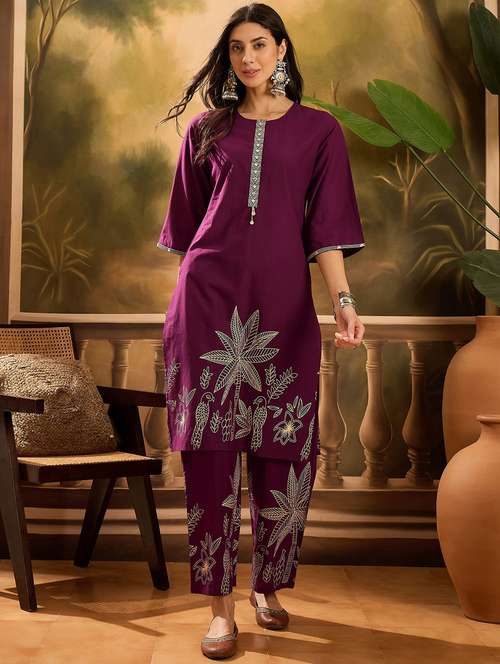 women printed three quarter sleeve kurta pant set - 22026280 - Standard Image - 0