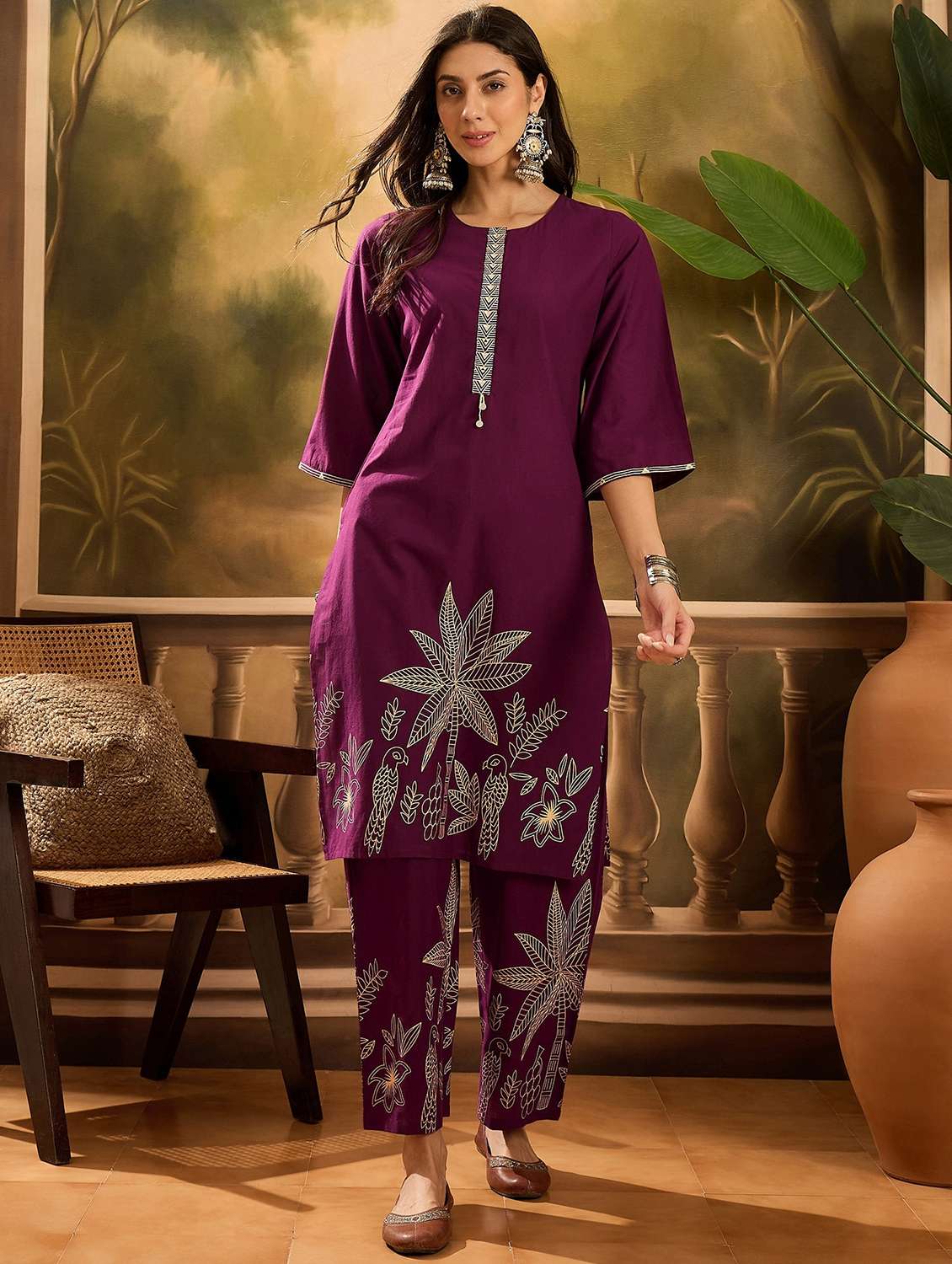 women printed three quarter sleeve kurta pant set - 22026280 - Zoom Image - 0