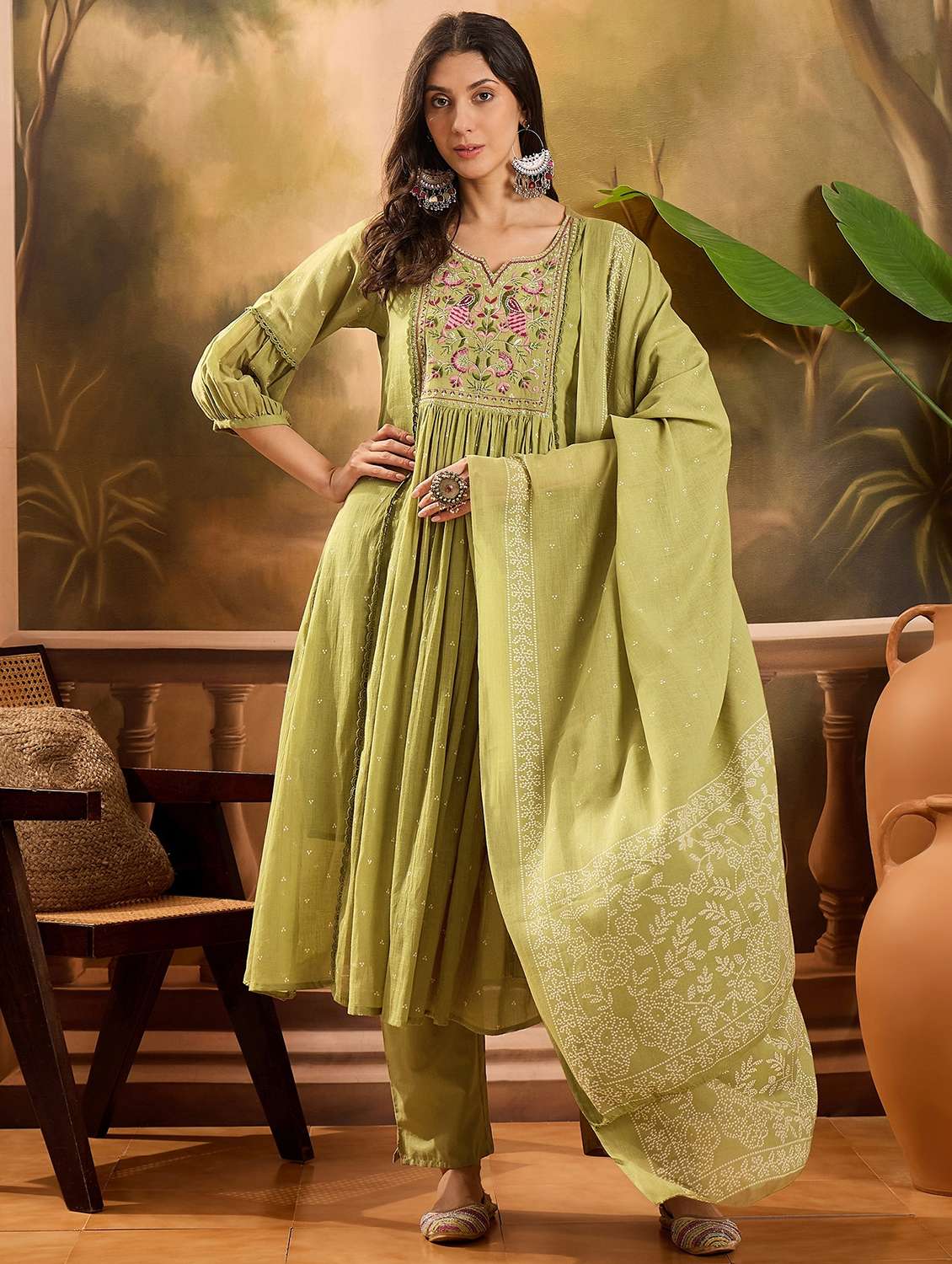 women printed three quarter sleeve kurta pant with dupatta set - 22026283 -  Zoom Image - 0