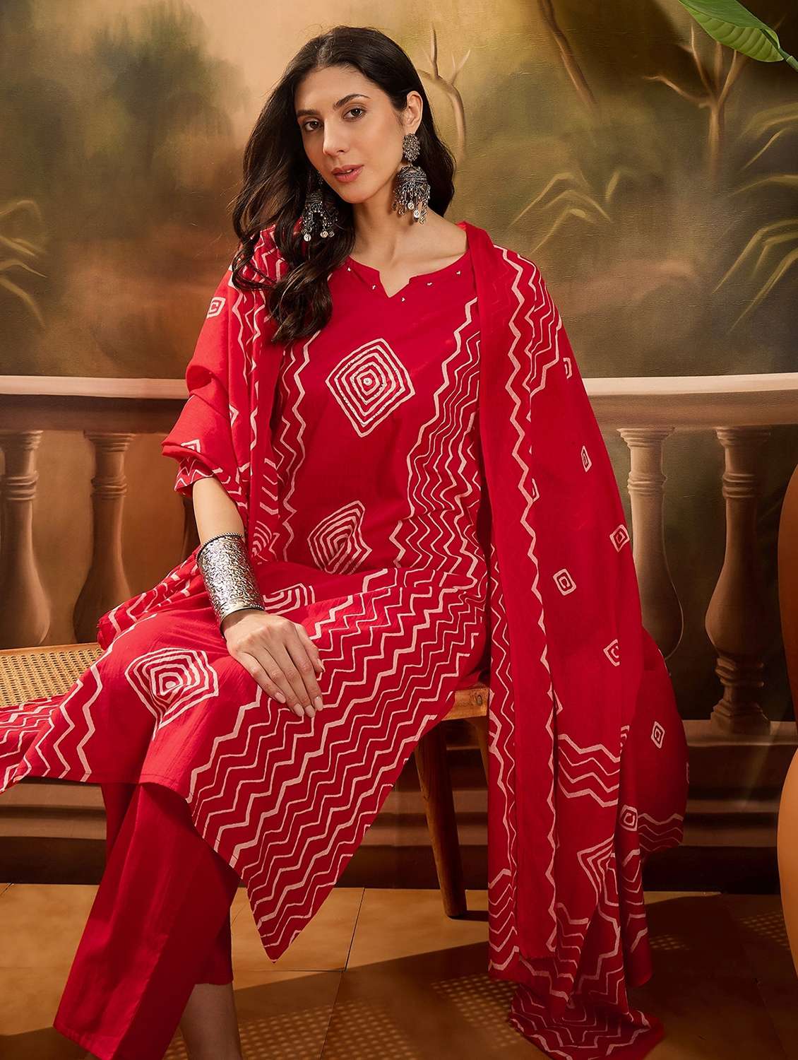 women printed three quarter sleeve kurta pant with dupatta set - 22026285 - Standard Image - 3