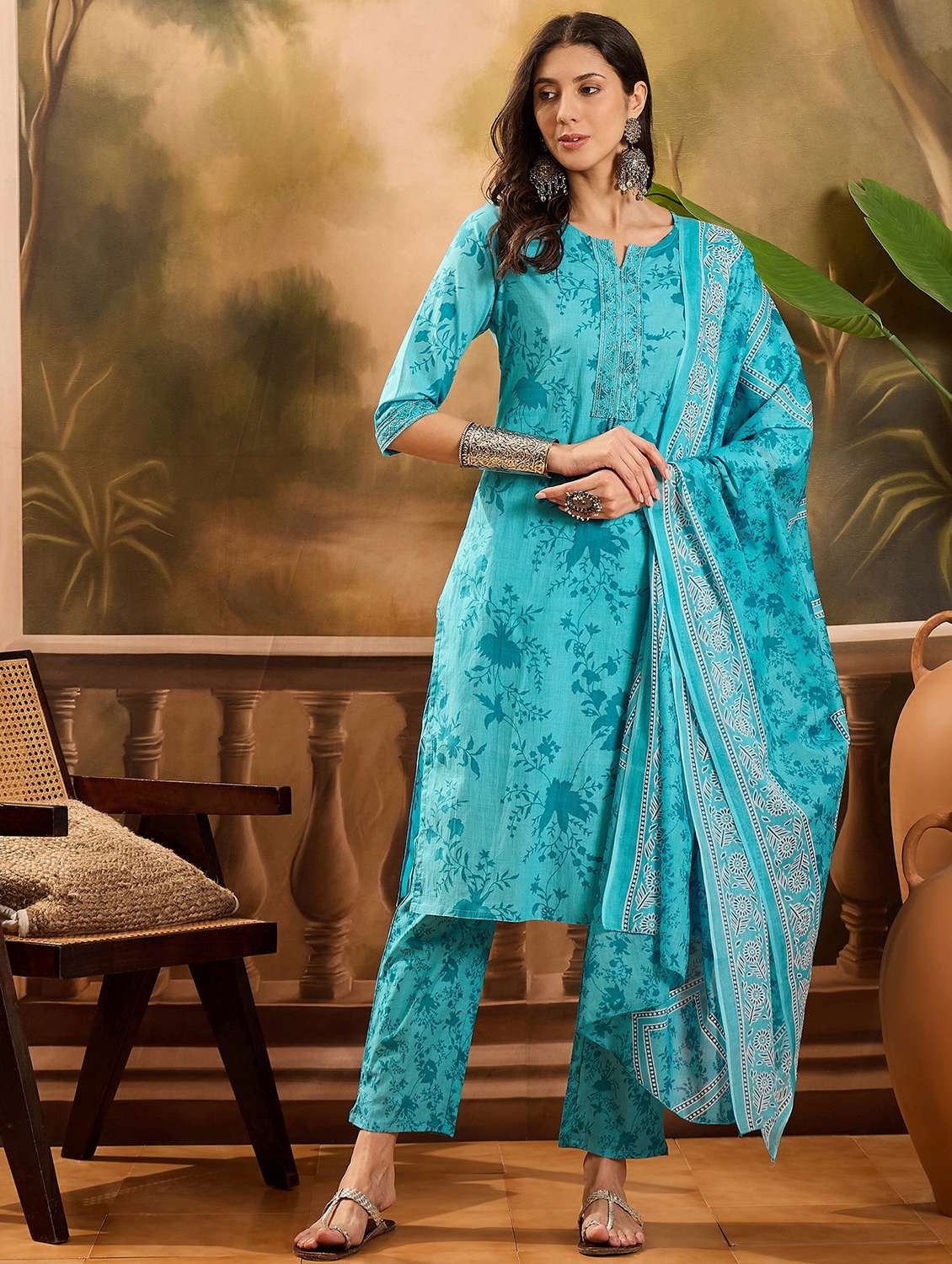 women printed three quarter sleeve kurta pant with dupatta set - 22026288 -  Zoom Image - 0